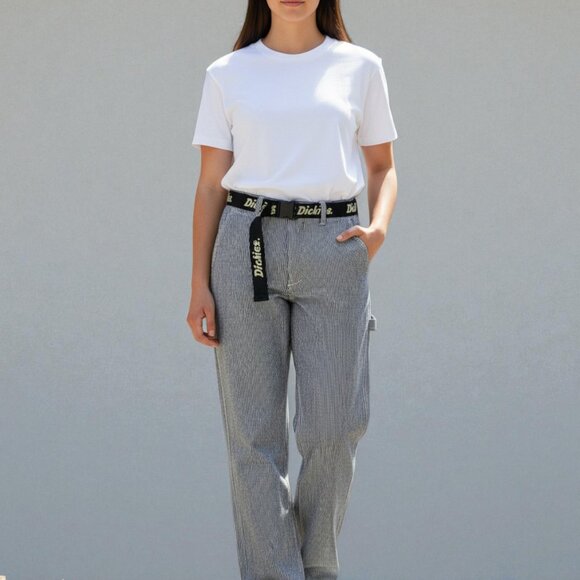 Dickies Denim - Dickies Womens stripped Relaxed Fit Carpenter Pants White/black Belt